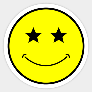 neon bright yellow classic star eyes Smiley Face Black Outline Sticker